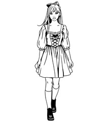 Elegant young woman in a vintage dress with puffed sleeves and a corset, walking gracefully. Black and white line art, perfect for coloring books and design projects.