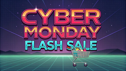 Cyber Monday flash sale with retro futuristic design and vibrant colors. shopping cart filled with items is featured against grid background, evoking excitement and urgency