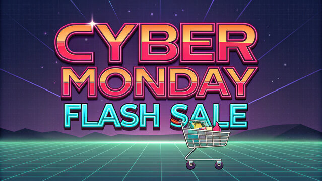 Cyber Monday flash sale with retro futuristic design and vibrant colors. shopping cart filled with items is featured against grid background, evoking excitement and urgency