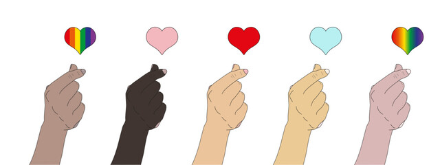 Finger heart korean symbol of love, hand gesture of people of different races