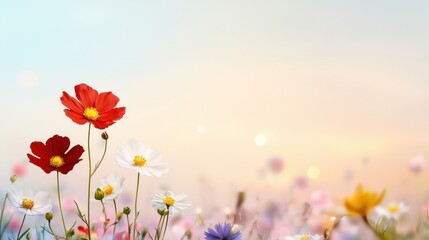Fototapeta premium Vibrant Wildflowers Blooming Against a Soft Pastel Sunrise Background