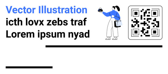 Woman holding smartphone and bag interacting with QR code. Text blocks and clean design. Ideal for technology, retail, marketing, modern communication, apps, digital payments, flat landing page