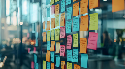 Colorful Sticky Notes on a Glass Wall in a Modern Office Space for Brainstorming and Project Planning with a Blurred Background