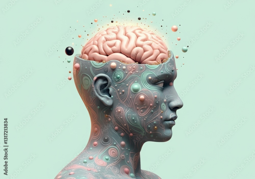 Poster abstract representation of a human head with a brain and colorful patterns