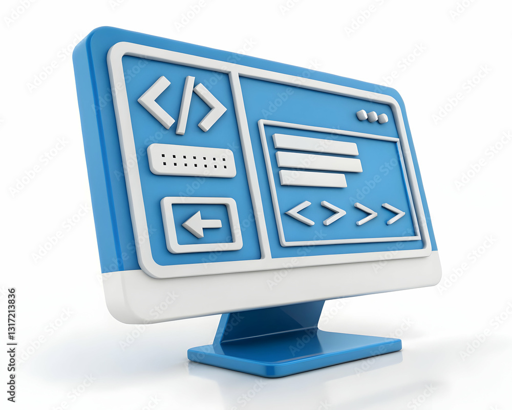 Poster blue computer monitor with code and interface icons.