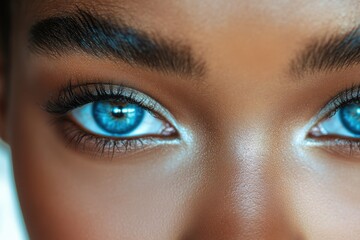 Obraz premium Close-up of a woman's captivating blue eyes with defined brows and subtle makeup.