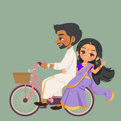 Indian Bride and Groom Cycling in Traditional Attire – Saree and Kurta | Wedding Invitation Illustration