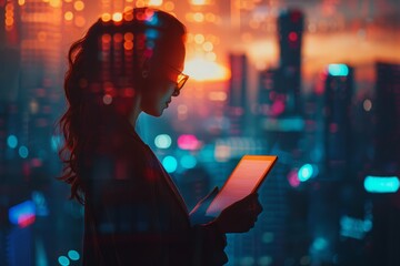 Woman in city at night using tablet device in front of window