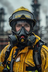 Hazardous materials worker stands prepared near an industrial area, wearing protective gear