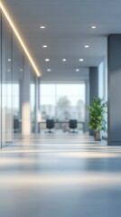 Modern office corridor with natural light and minimalist design in a corporate space