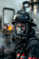 Fototapeta premium Firefighter wearing breathing apparatus, safety helmet and visor stands in front of a large industrial fire