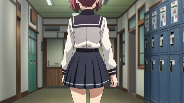 Animated scene of a schoolgirl walking down a hallway in anime style.