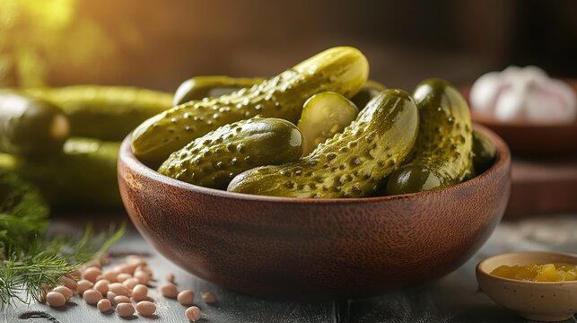 Whole pickled cucumbers in a wooden bowl on the kitchen table