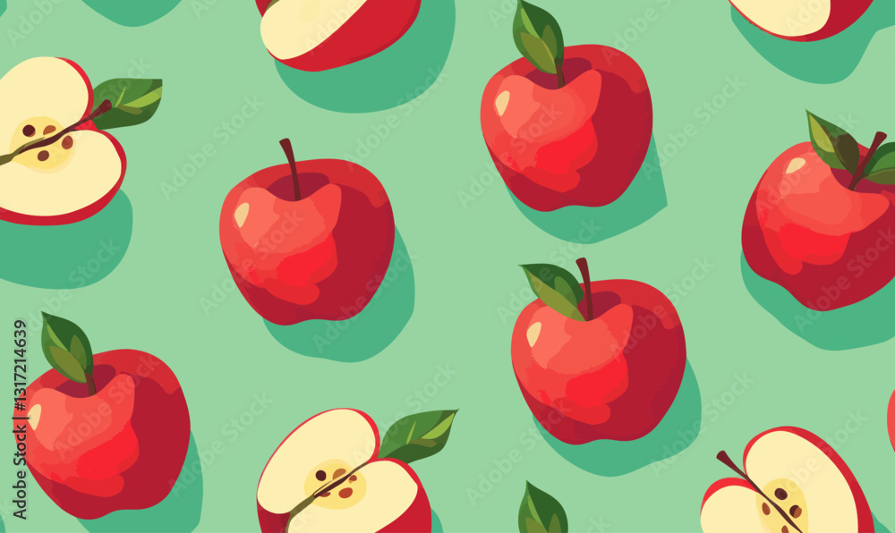 Poster minimalist red apple pattern on green background vector for fresh design concepts