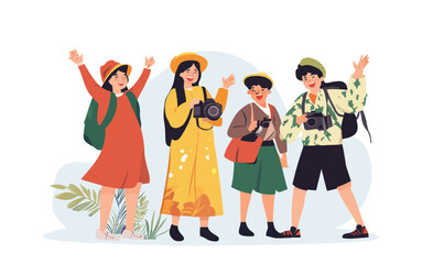 Obraz premium Friends Celebrating in Traditional Attire with Cameras in Minimalist Vector