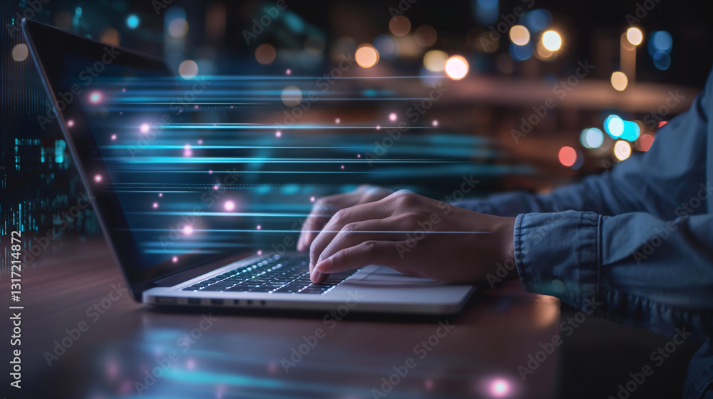 Fototapete fast internet connection speedtest bandwidth network technology, man using internet high speed by la