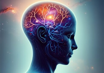 Abstract representation of a human head with cosmic brain connections