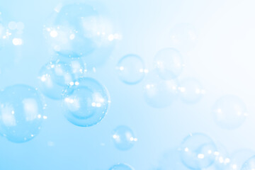 Beautiful Transparent Soap Bubbles Floating in The Air. Celebration Festive Backdrop. Freshness Soap Suds Bubbles Water. Abstract White Gradient Textured Background.	