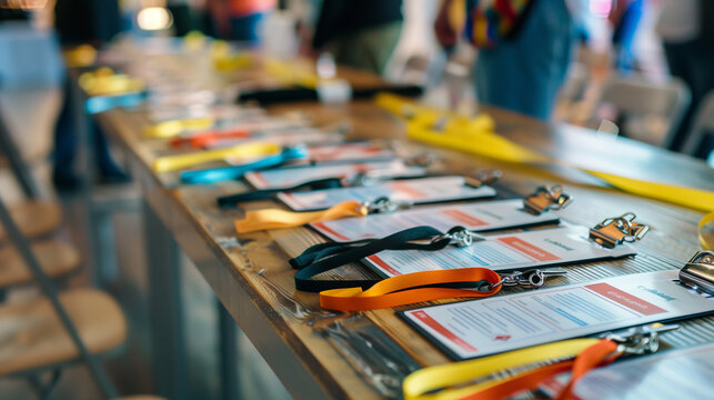 Conference badges and lanyards laid out on a registration table