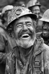 Fototapeta premium Expressive man wearing a mining helmet laughs outdoors with his colleagues around him