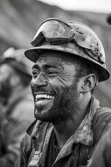 Smiling african american construction worker wearing a hard hat with goggles
