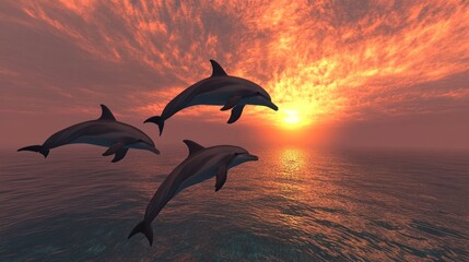 Three Dolphins Leaping at Sunset: A Breathtaking Ocean Scene