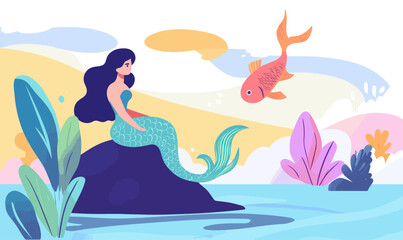 Colorful Mermaid on Rock with Jumping Fish in Minimalist Ocean Scene Vector