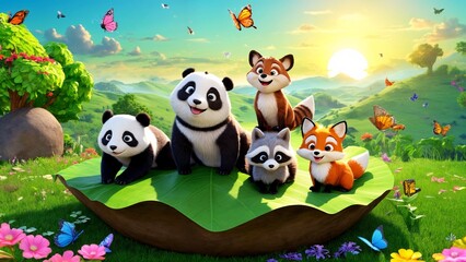 Naklejka premium A group of panda bears sitting on top of a green leaf.