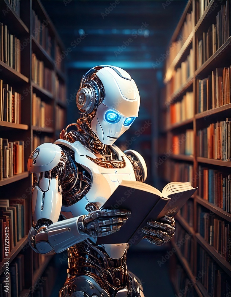Poster ai robot reading a book in a modern library, surrounded by shelves and soft lighting, with copy spac