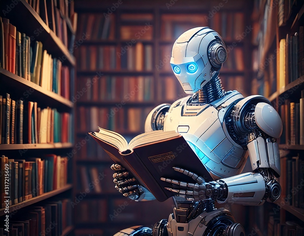 Poster ai robot reading a book in a modern library, surrounded by shelves and soft lighting, with copy spac