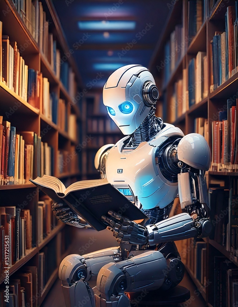 Poster ai robot reading a book in a modern library, surrounded by shelves and soft lighting, with copy spac