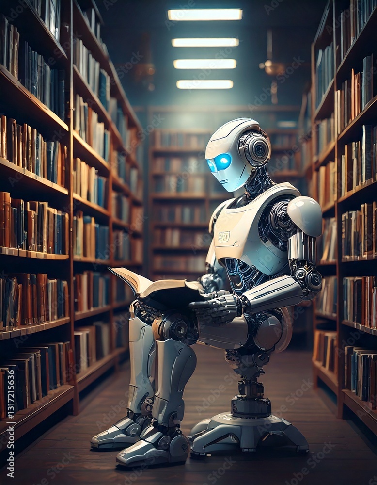 Poster ai robot reading a book in a modern library, surrounded by shelves and soft lighting, with copy spac