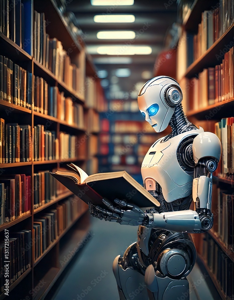 Poster ai robot reading a book in a modern library, surrounded by shelves and soft lighting, with copy spac