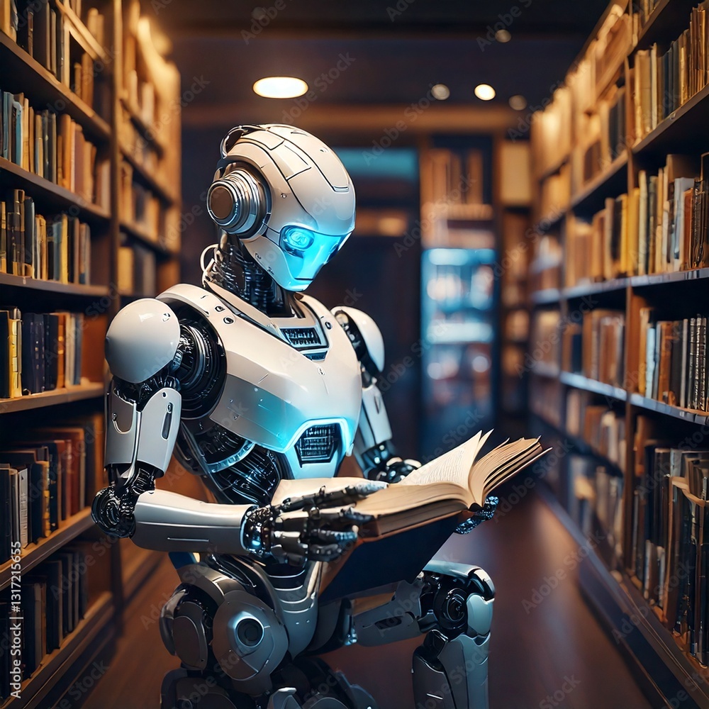 Poster ai robot reading a book in a modern library, surrounded by shelves and soft lighting, with copy spac