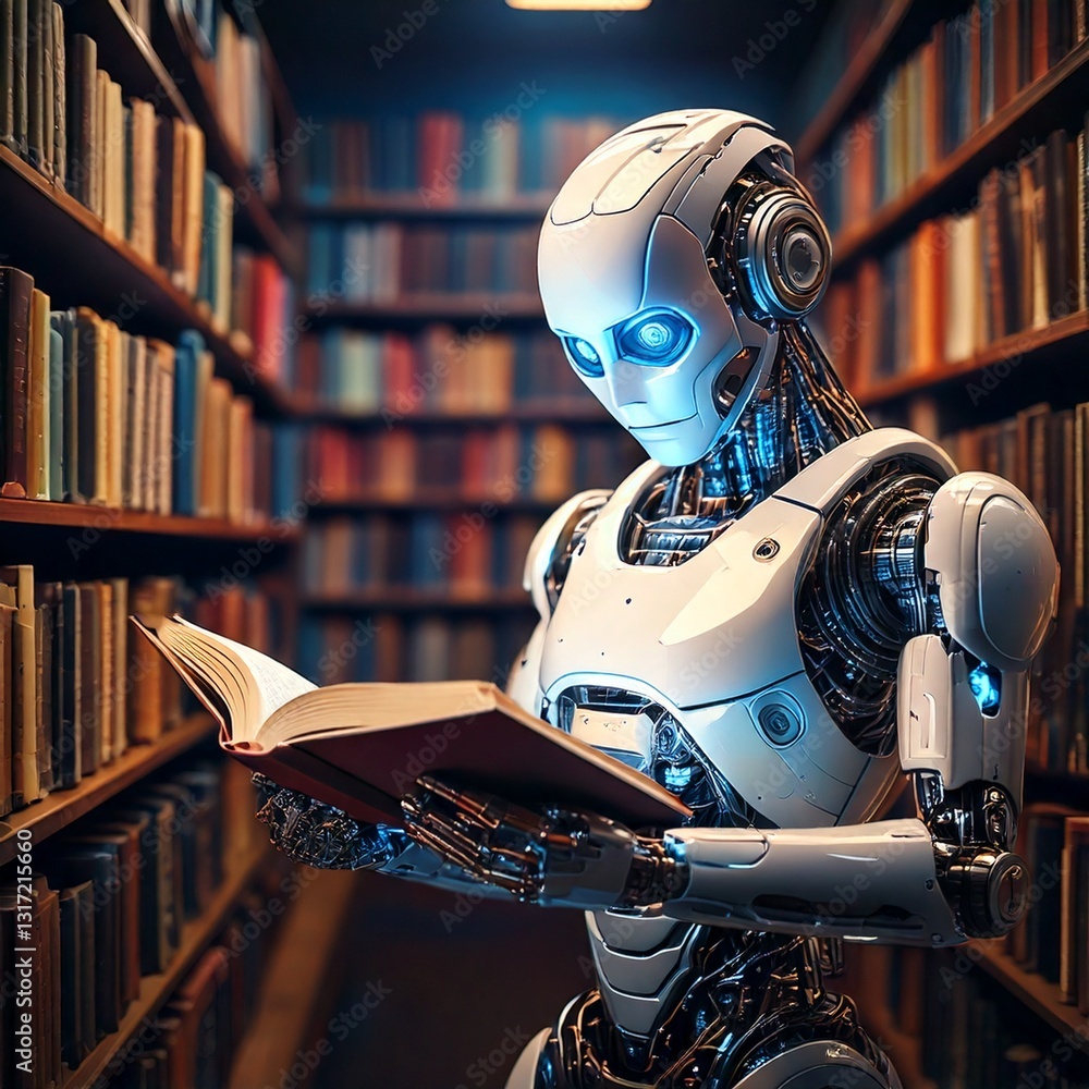 Poster ai robot reading a book in a modern library, surrounded by shelves and soft lighting, with copy spac