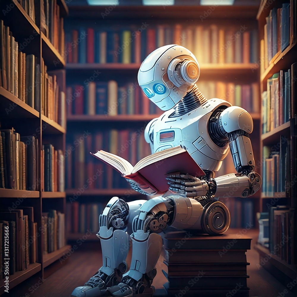 Poster ai robot reading a book in a modern library, surrounded by shelves and soft lighting, with copy spac