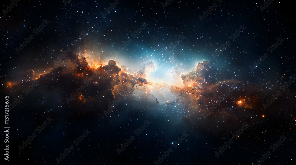 Poster vivid colors of a nebula in deep space with bright glowing clouds of interstellar dust and gas illum