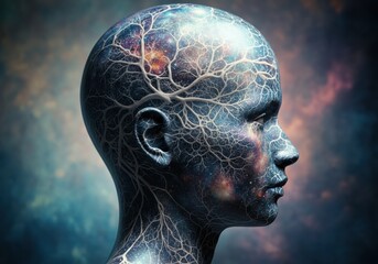 Abstract representation of a human head with cosmic neural patterns