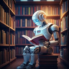Fototapeta premium AI robot reading a book in a modern library, surrounded by shelves and soft lighting, with copy space on the right for educational or tech-related messaging