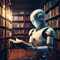 Fototapeta premium AI robot reading a book in a modern library, surrounded by shelves and soft lighting, with copy space on the right for educational or tech-related messaging