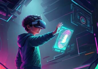 Boy wearing virtual reality headset interacting with holographic displays