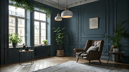 Elegant living room interior design with dark teal walls, leather armchair, and natural elements.