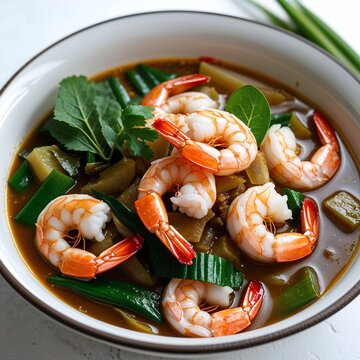 Sinigang na Hipon Filipino sour shrimp stew with tamarind and vegetables Food portrait photography display on red background