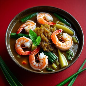 Sinigang na Hipon Filipino sour shrimp stew with tamarind and vegetables Food portrait photography display on red background