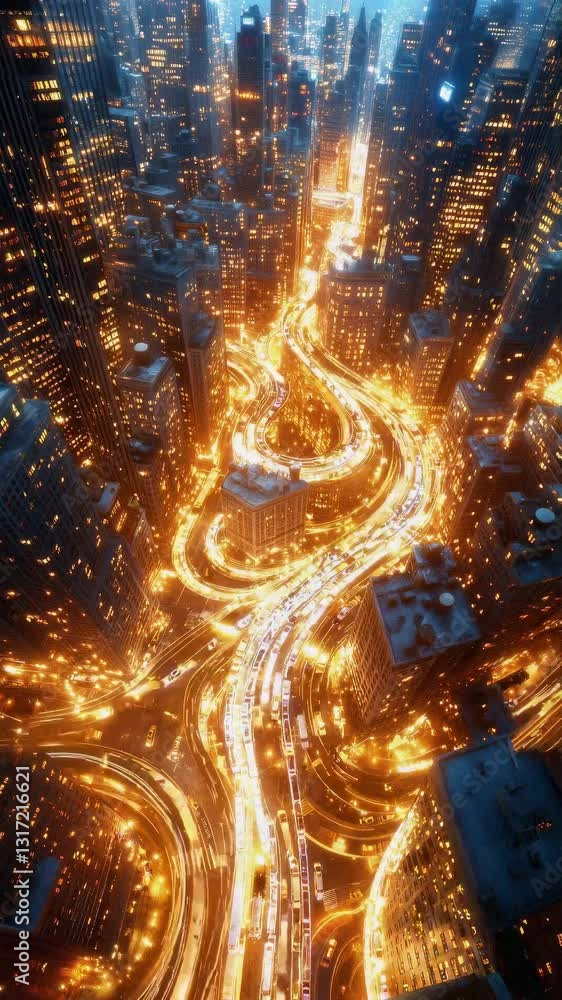 Poster aerial view of a dense urban cityscape with intricate golden light trails representing complex trans