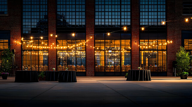 Urban Building Facade with Warm Lighting on a Dark Evening with Rectangular Windows and Brick Pillars