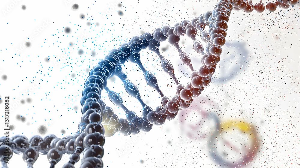 Aufkleber 3d rendered dna double helix structure with colorful particles dispersing on a white background depi