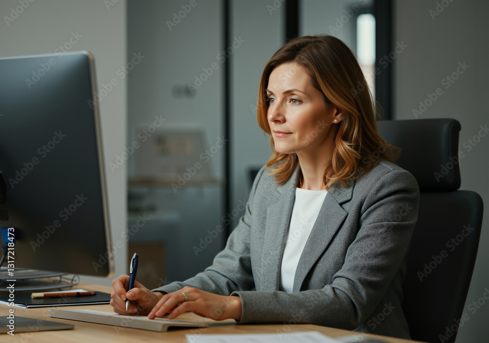 Poster businesswoman sitting at desk using computer and taking notes while thinking about future projects