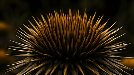Fototapeta premium Golden thistle close-up, dark background, nature detail, botanical wallpaper