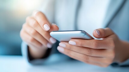 Close up of hands delicately using a smartphone. Soft light, neutral background, focus on manicured nails and phone